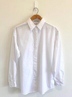 Vintage White Button Down Shirt w/ Floral Embroidered Collar / Y2K
